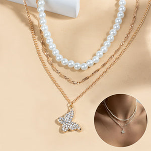 Exquisite Butterfly Multi-layer Pearl Pendant Necklace Set Women Shining Temperament Girlfriend Party Gift Fashion