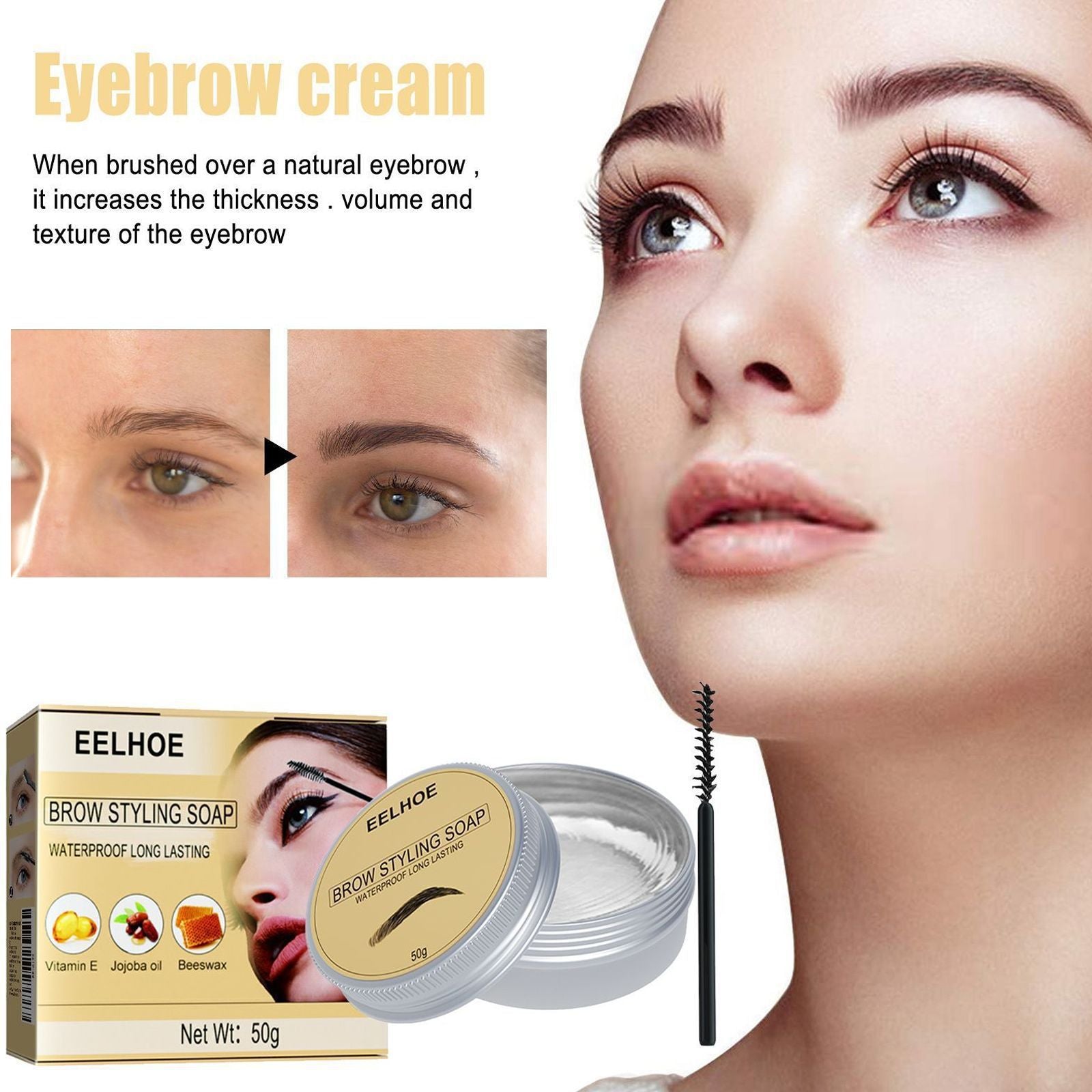 Eyebrow Styling Cream with 50g Brush for Hair and Shaping - eyebrow hair styling shaping colorless cream