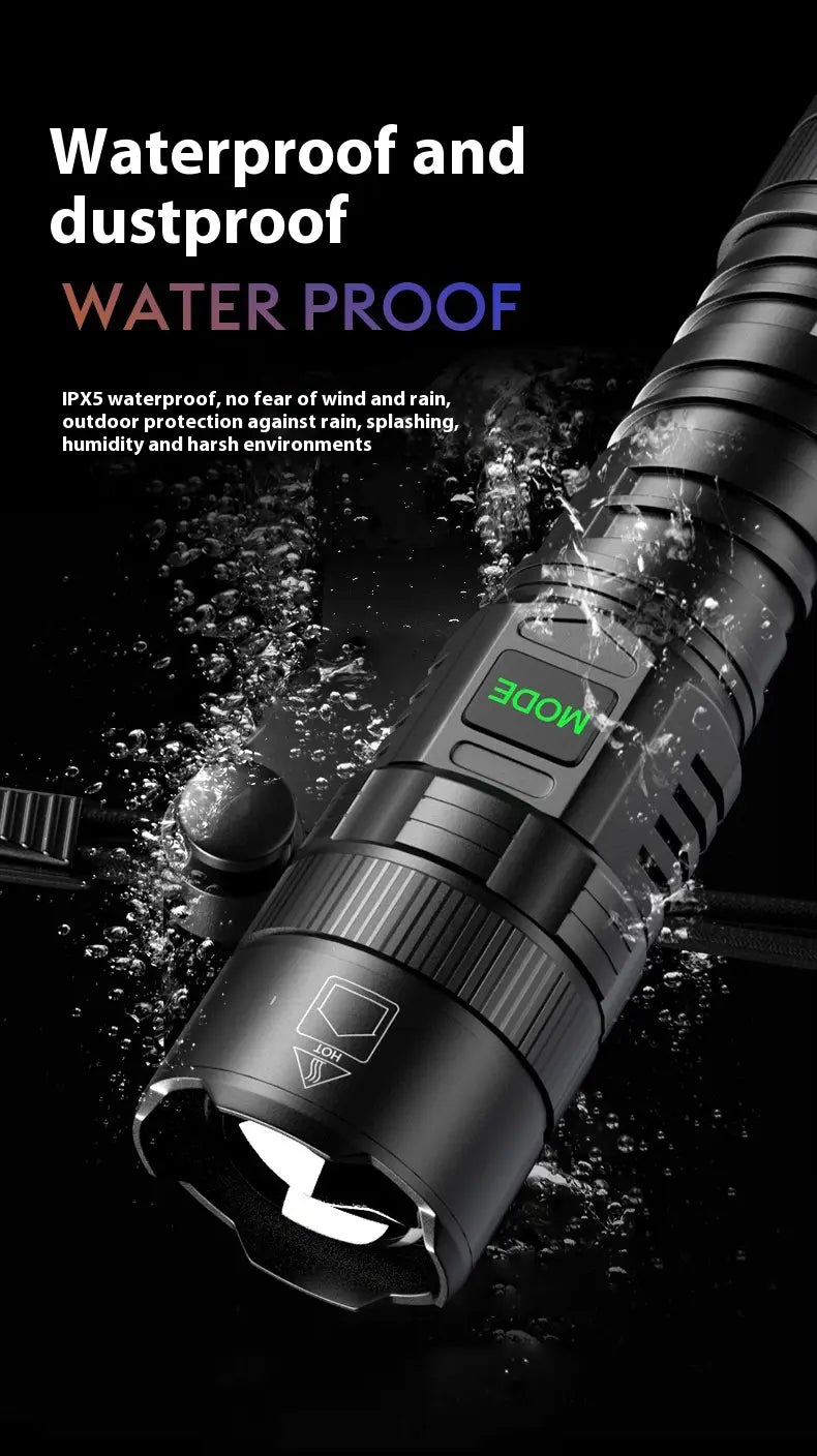 Camping Portable Flashlight with USB Charging Zoom and Battery Rack