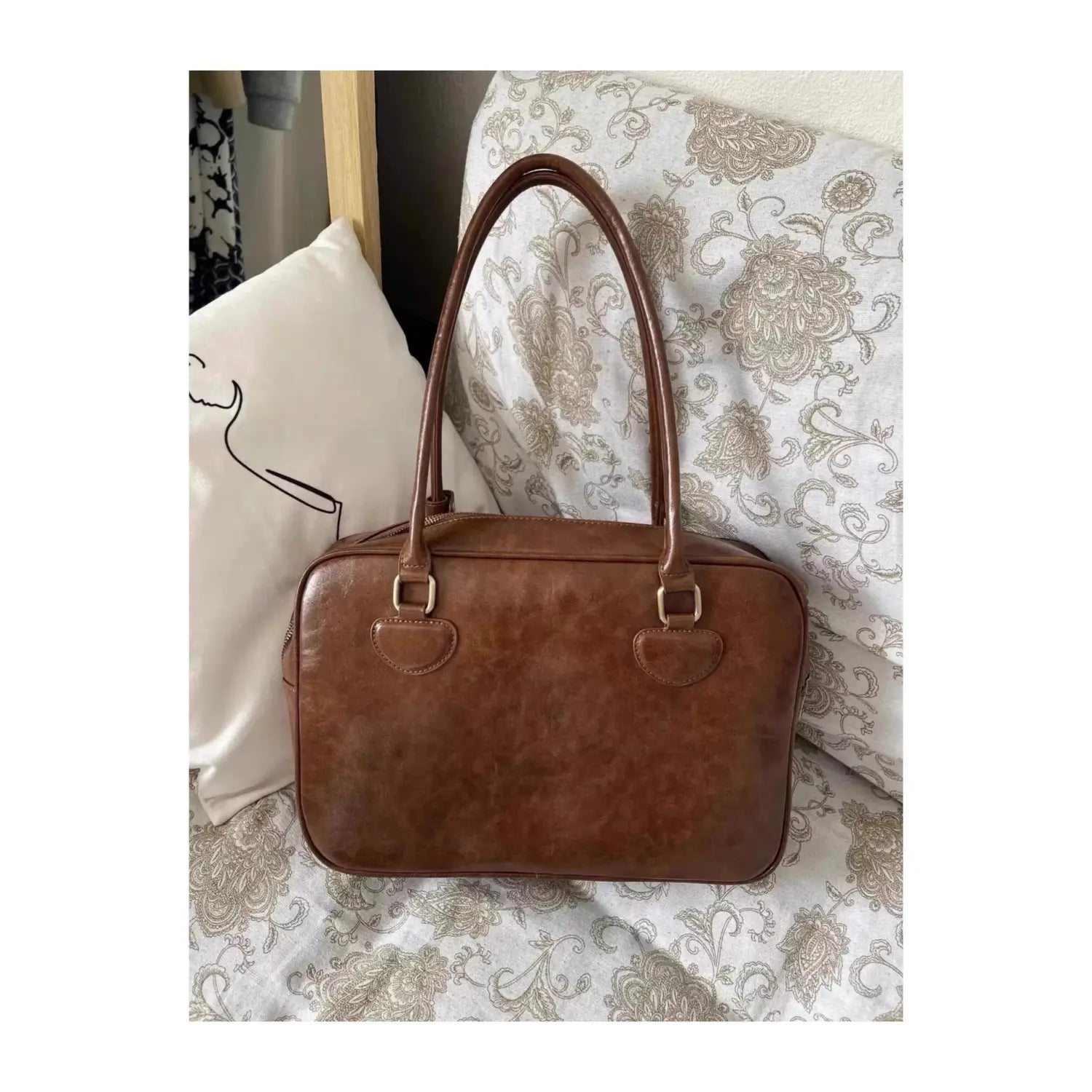 Varine de cuir PU moyen Brown Black épaule de voyage Sac polyester