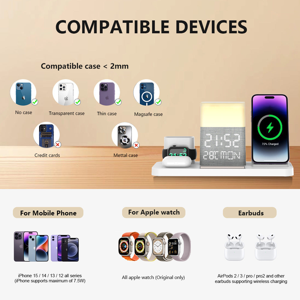 6-in-1 Wireless Charging Set Touch Night Light Mobile Phone Bluetooth Synchronization Time - Charge Like a Pro with 25W