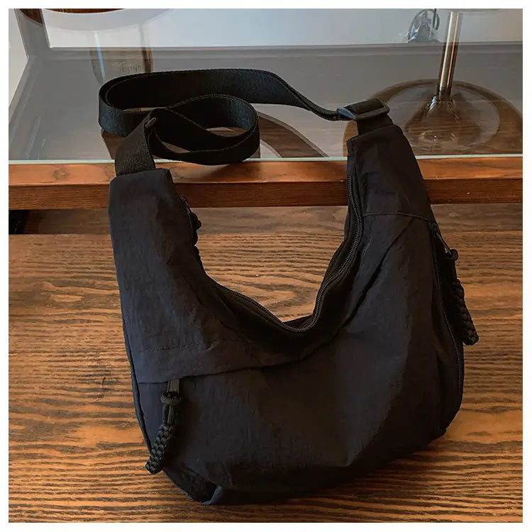 Nylon Messenger Bag Beige Black Travel Crossbody Shoulder Suitcase Purse