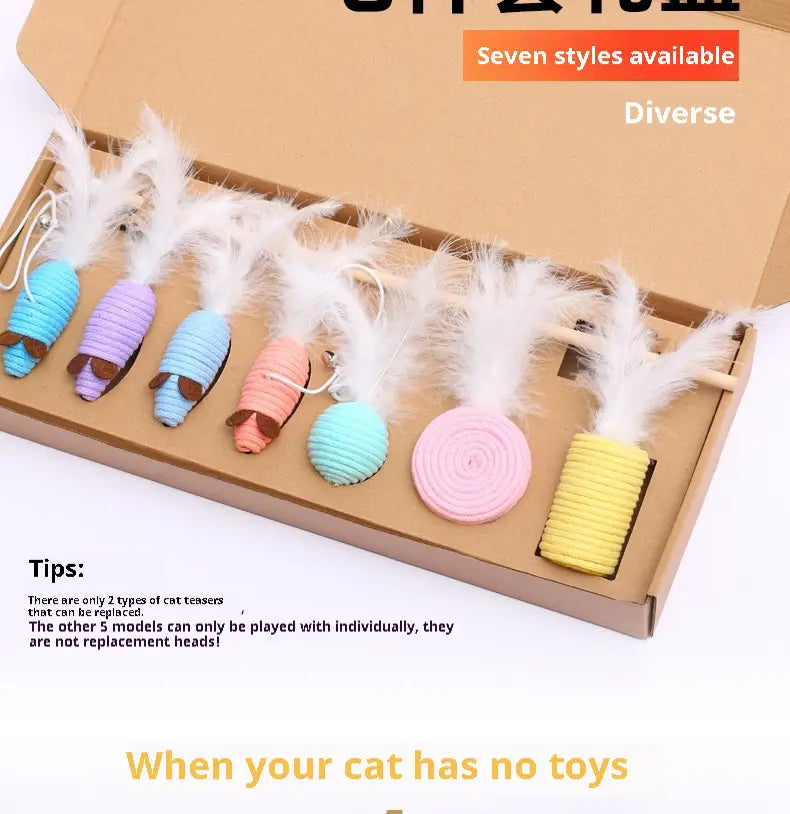 Seitsmetükk puuvill Cat Cat mänguasja, mis on seatud tahketes ja segavärvides