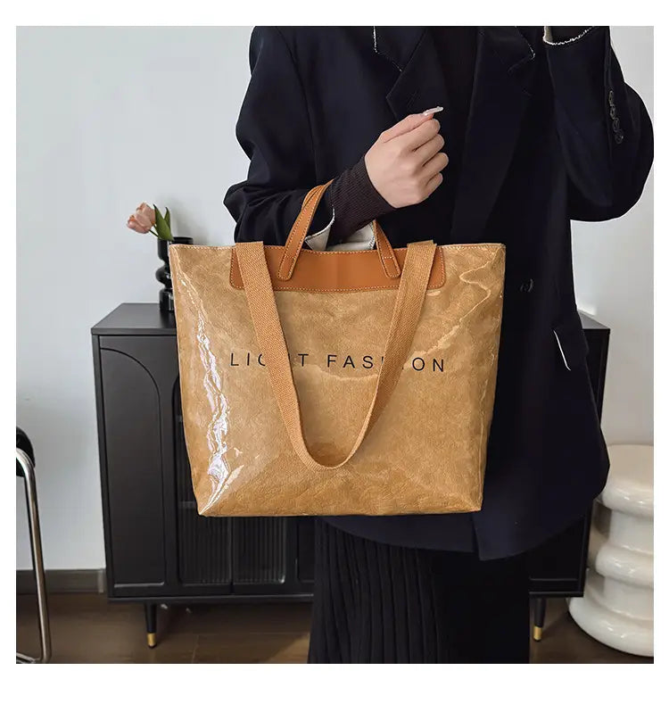 Kraft Paper Shoulder Bag Medium Square Tote in Neutral and Green Colors