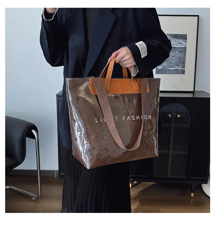 Kraft Paper Shoulder Bag Medium Square Tote in Neutral and Green Colors