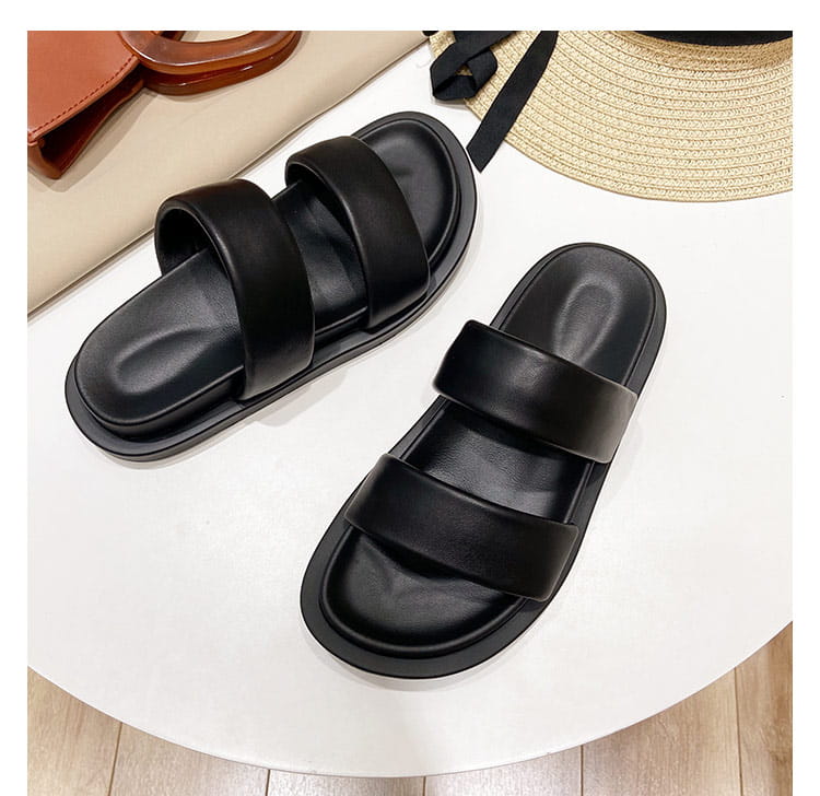 Black Sheepskin Flat Heel Slippers with Rubber Foam Sole