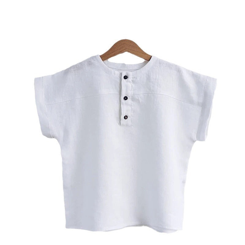 24 Summer New Children’s Loose Linen Cotton Short-sleeved T-shirt Mori Style Front Button Thin Style Top Shirt Baby