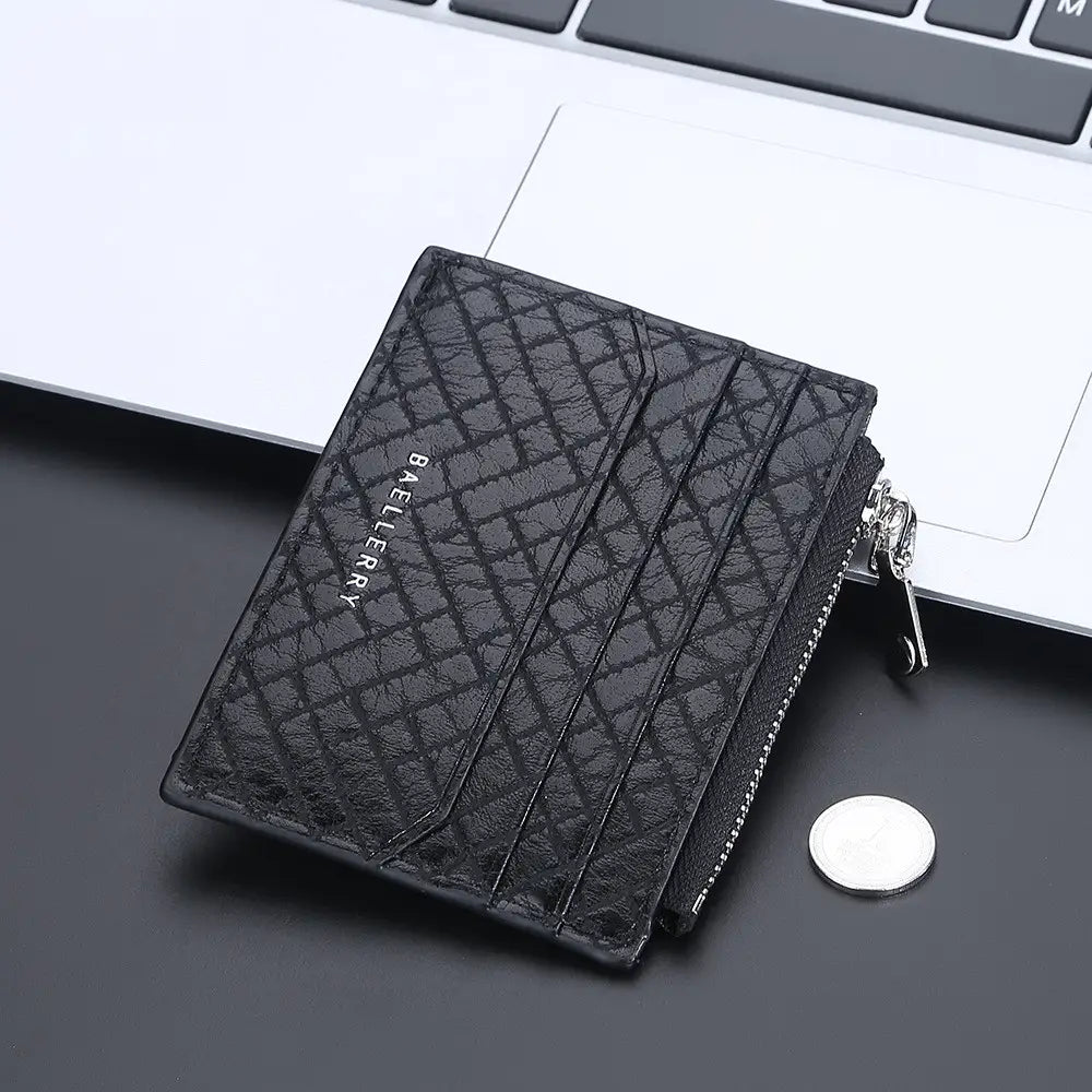 Small Card Bag with Zipper and Checker Interior in PU Leather