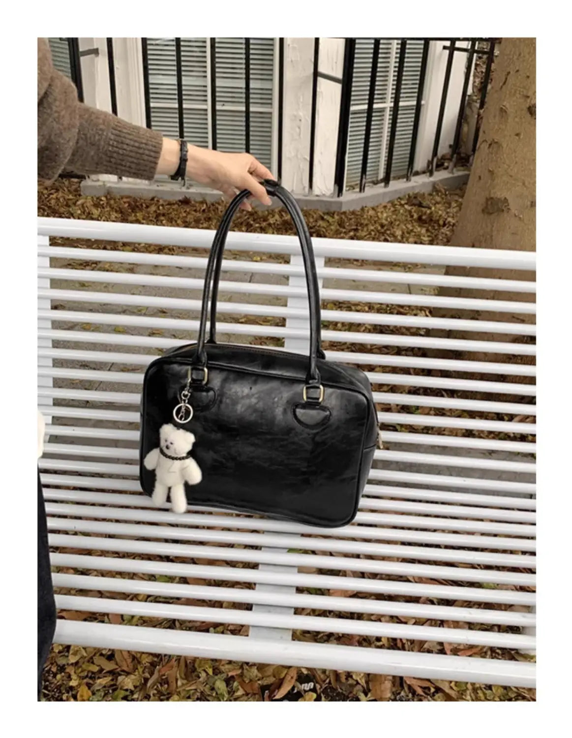 Varine de cuir PU moyen Brown Black épaule de voyage Sac polyester