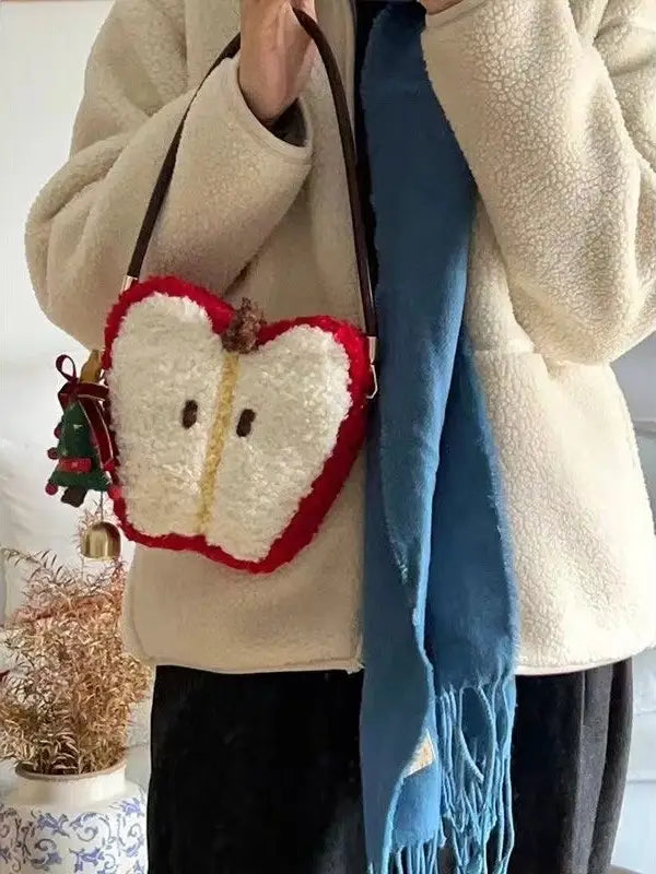 Christmas Plush Crossbody Bag with Heart Shape and Contrast Stitching