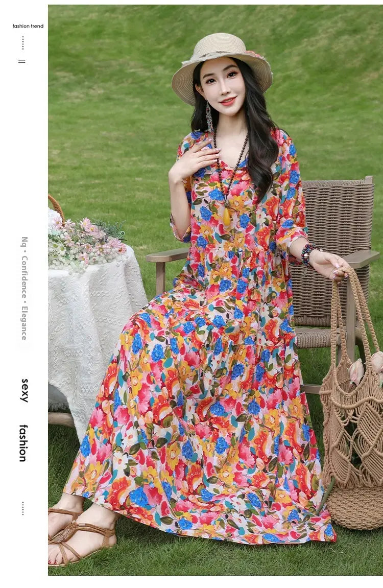 Plus-kokoinen Retro Art A-Line MIDI -hame Viscoosi Lyhythihainen mekko Naiset