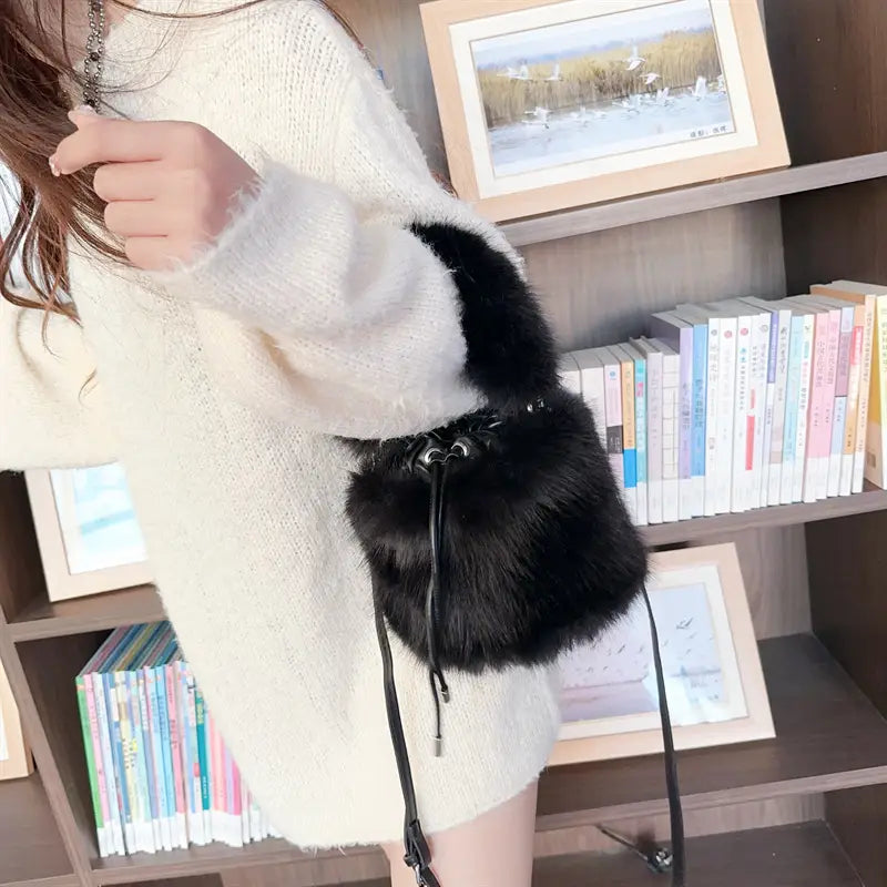 Furry Crossbody Bag Portable Bucket Suitcase with Soft Plush Material