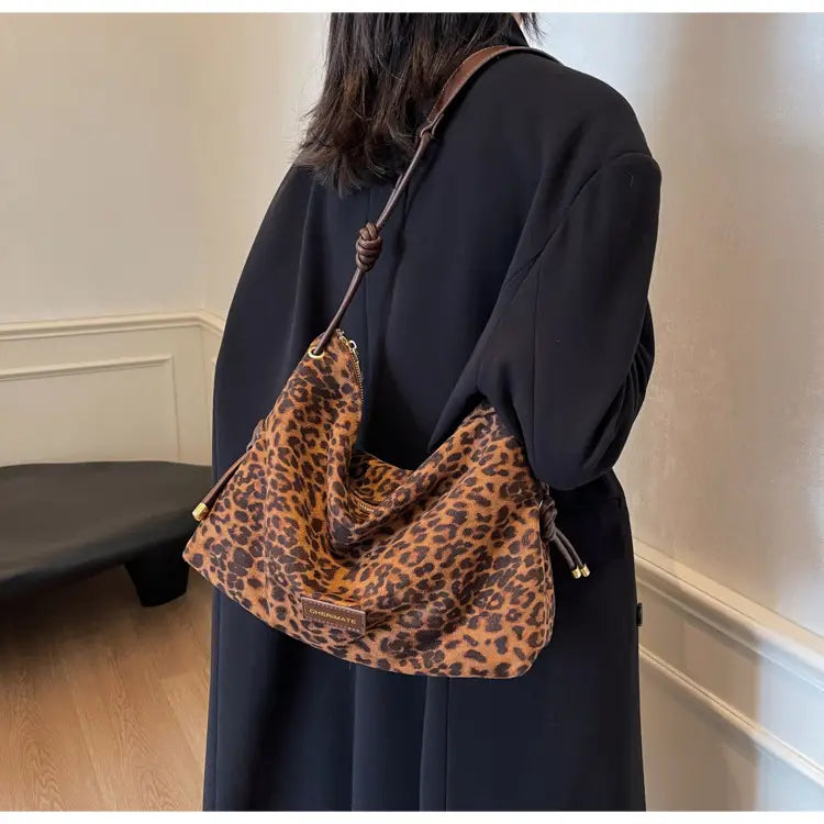 Retro Frosted Leather Maillard Crossbody Bag with Leopard Print and Varied Colors