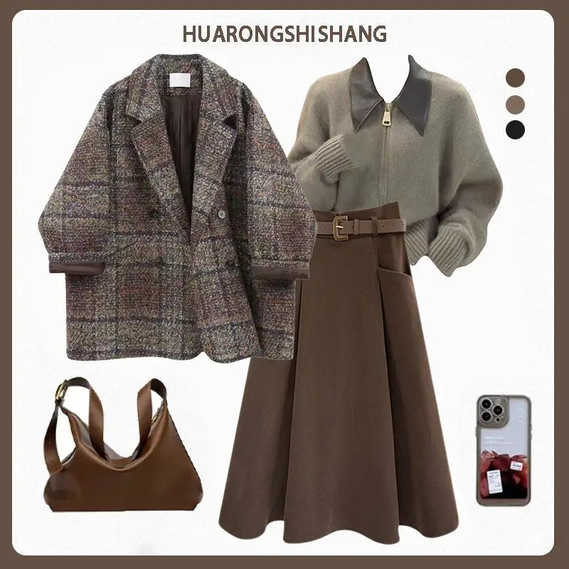 Coffee Coat and Sweater Three-Piece Sets with Black Skirt or Brown