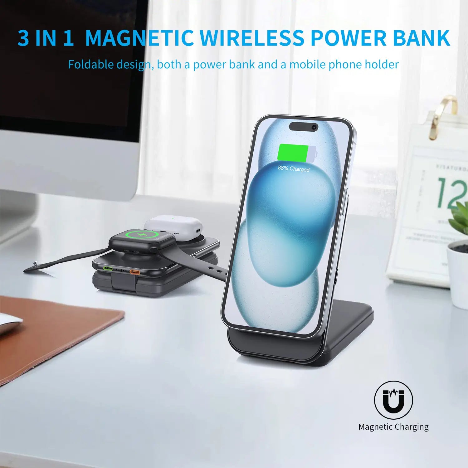 8000mAh Wireless Magnetic Power Bank with Cable Output for Fast Charging