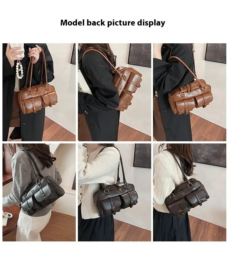 Geanta de umăr din piele PU cu buzunar cu fermoar și design splicing pentru femei