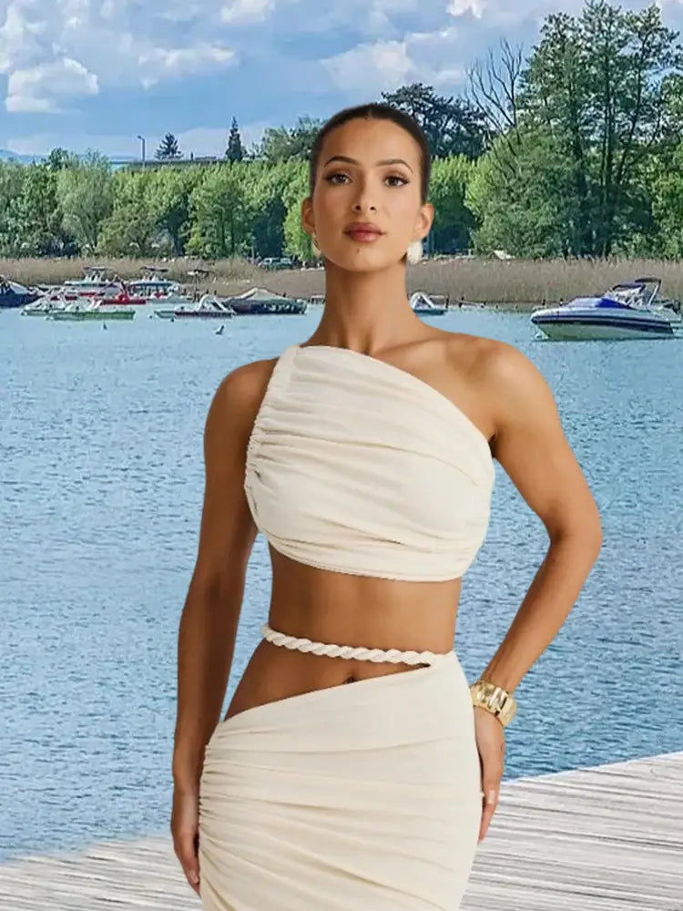 Long Skirt Two Piece Set Oblique Shoulder Spandex in Milky White Brown Blue