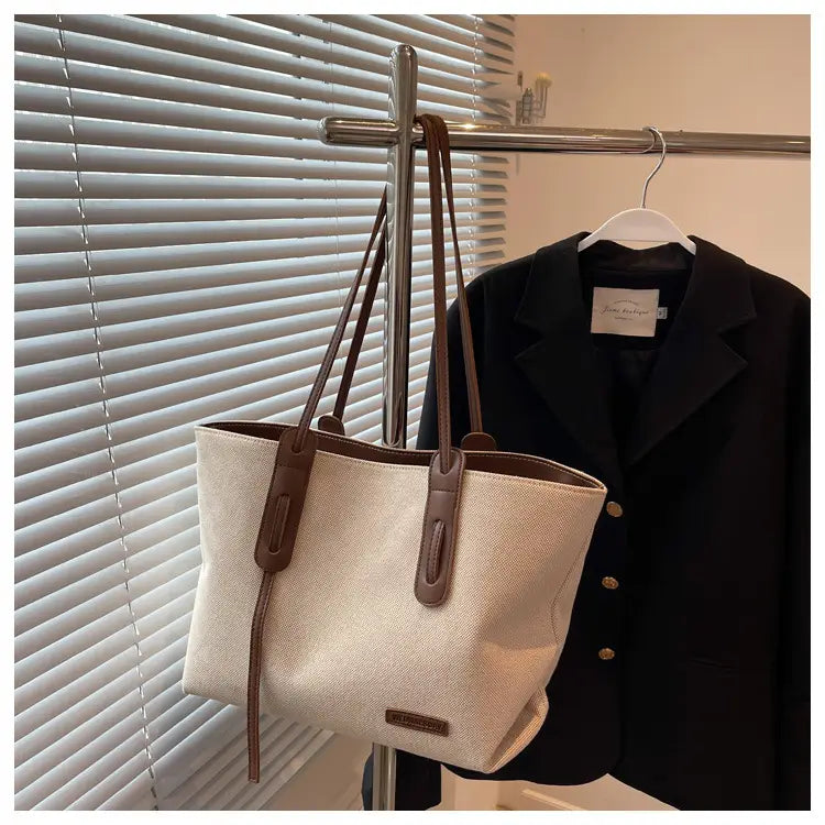 Canvas Shoulder Bag Large Oxford Tote Black Brown Double Strap for Travel Work