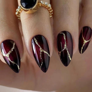 Fake Nails Gold with Stone Pattern Dark and Powder Set - fake nails gold powder stone pattern dark