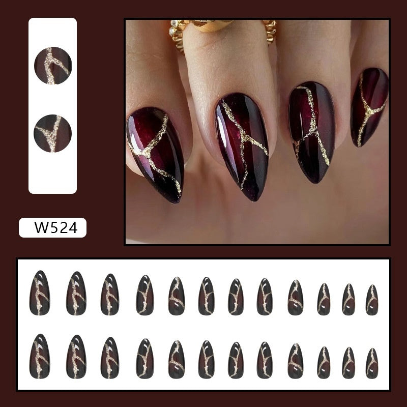Fake Nails Gold with Stone Pattern Dark and Powder Set - fake nails gold powder stone pattern dark