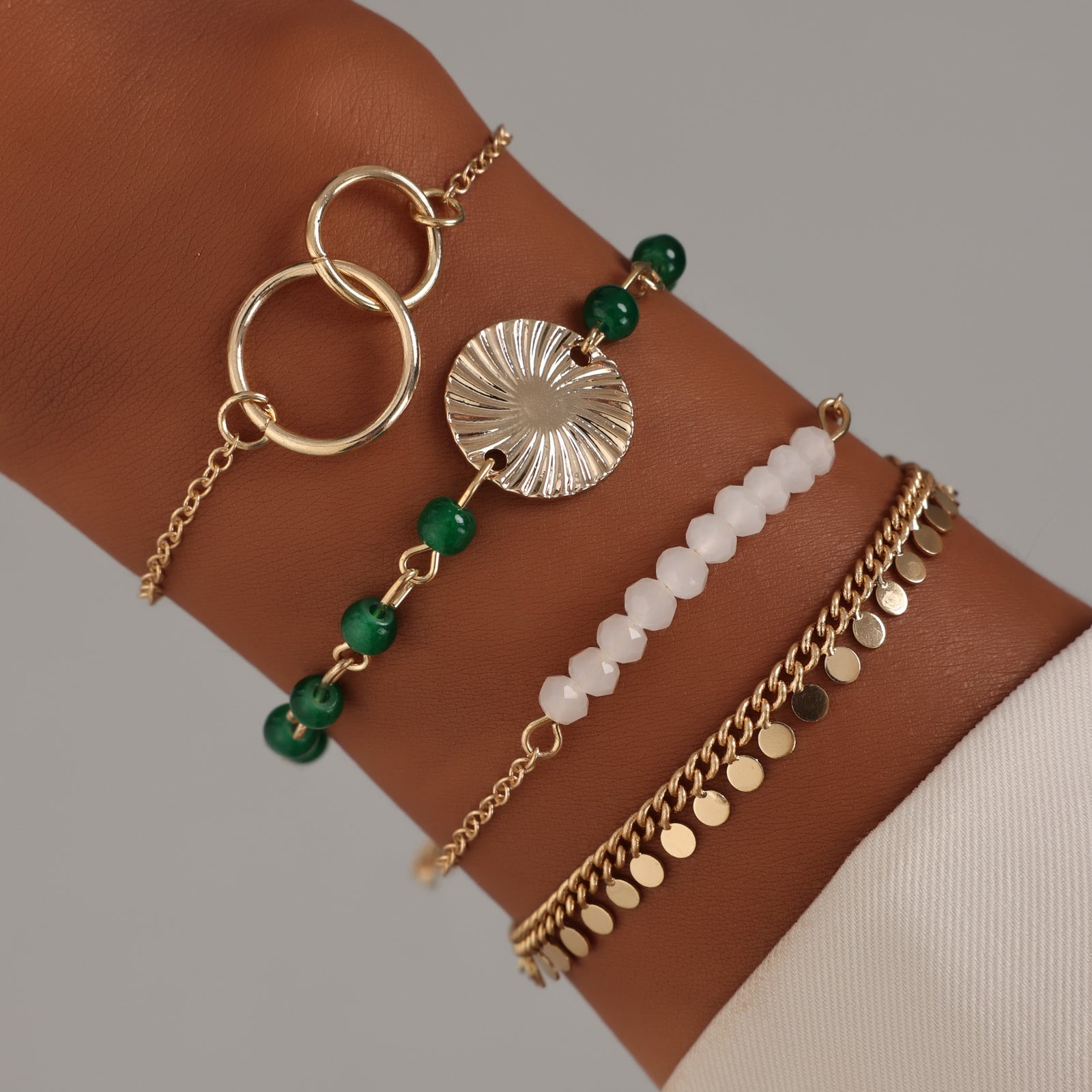 Fashion And Trendy Sequin Tassel Metal Ring White Green Bead Four Piece Bracelet Set - Fashion Sequin Tassel Four Piece