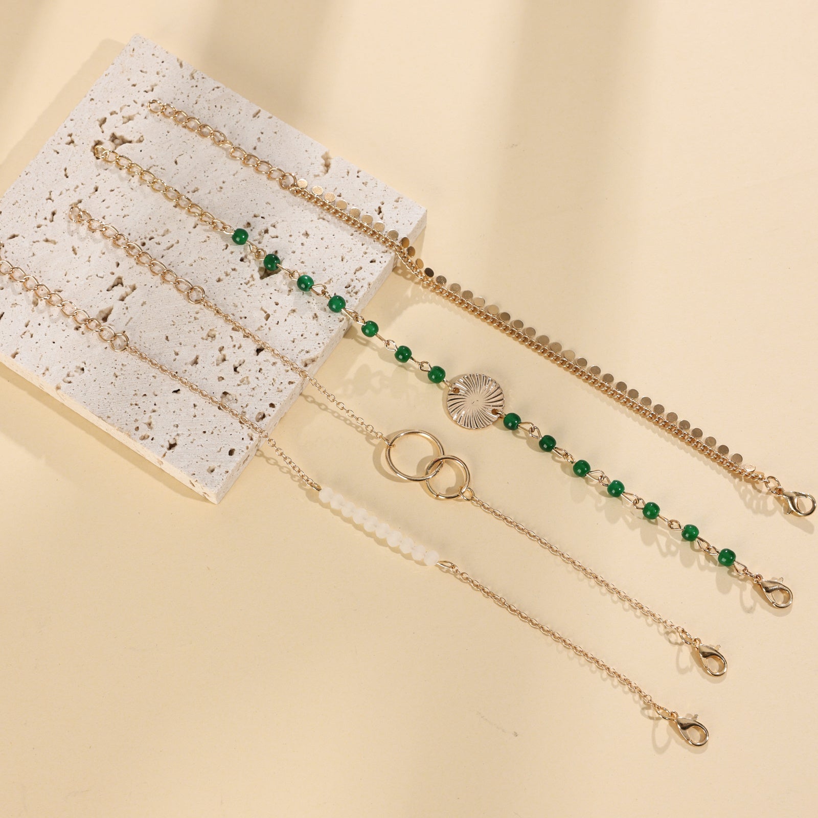 Fashion And Trendy Sequin Tassel Metal Ring White Green Bead Four Piece Bracelet Set - Fashion Sequin Tassel Four Piece