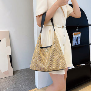 Fashion Casual Retro Straw Tote Bag with Nylon Lining and Interior Zipper - fashion casual retro tote straw