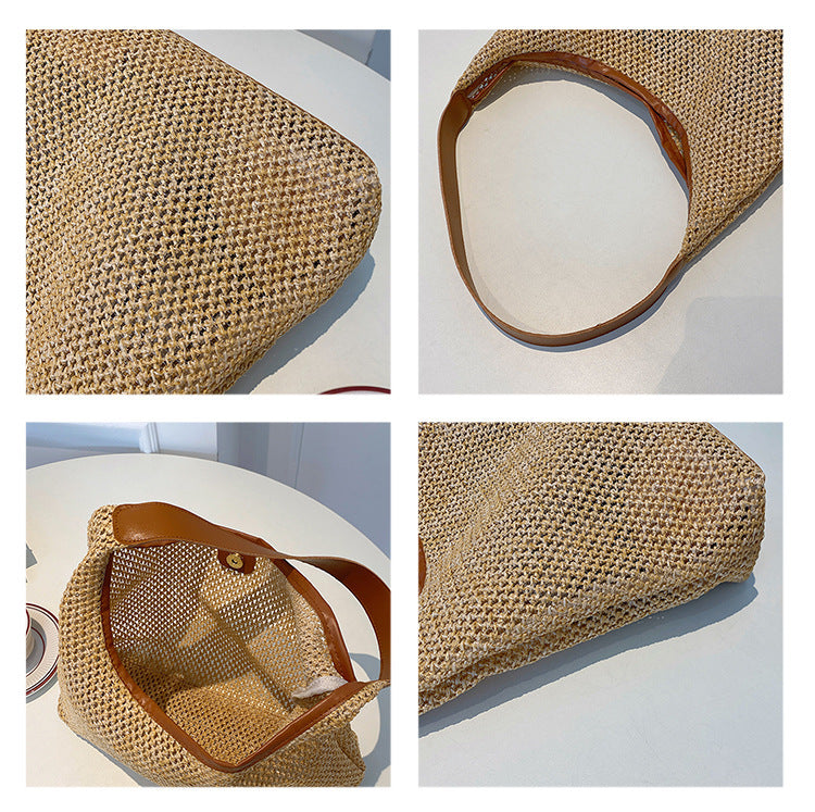 Fashion Casual Retro Straw Tote Bag with Nylon Lining and Interior Zipper - fashion casual retro tote straw