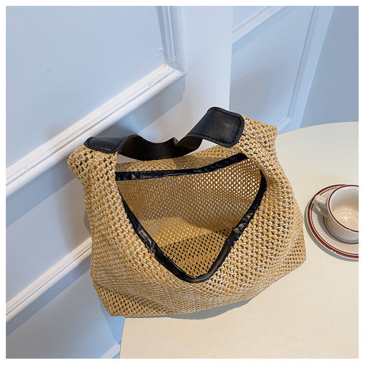 Fashion Casual Retro Straw Tote Bag with Nylon Lining and Interior Zipper - fashion casual retro tote straw