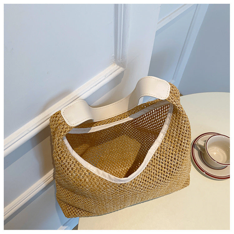 Fashion Casual Retro Straw Tote Bag with Nylon Lining and Interior Zipper - fashion casual retro tote straw