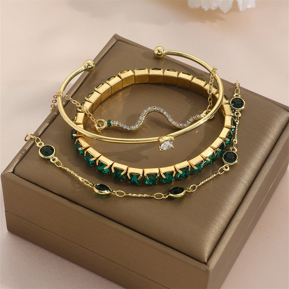 Fashion Green Grandmother Diamond Snake Style Alloy Bracelet Set - Teleplus fashion green grandmother diamond stretch