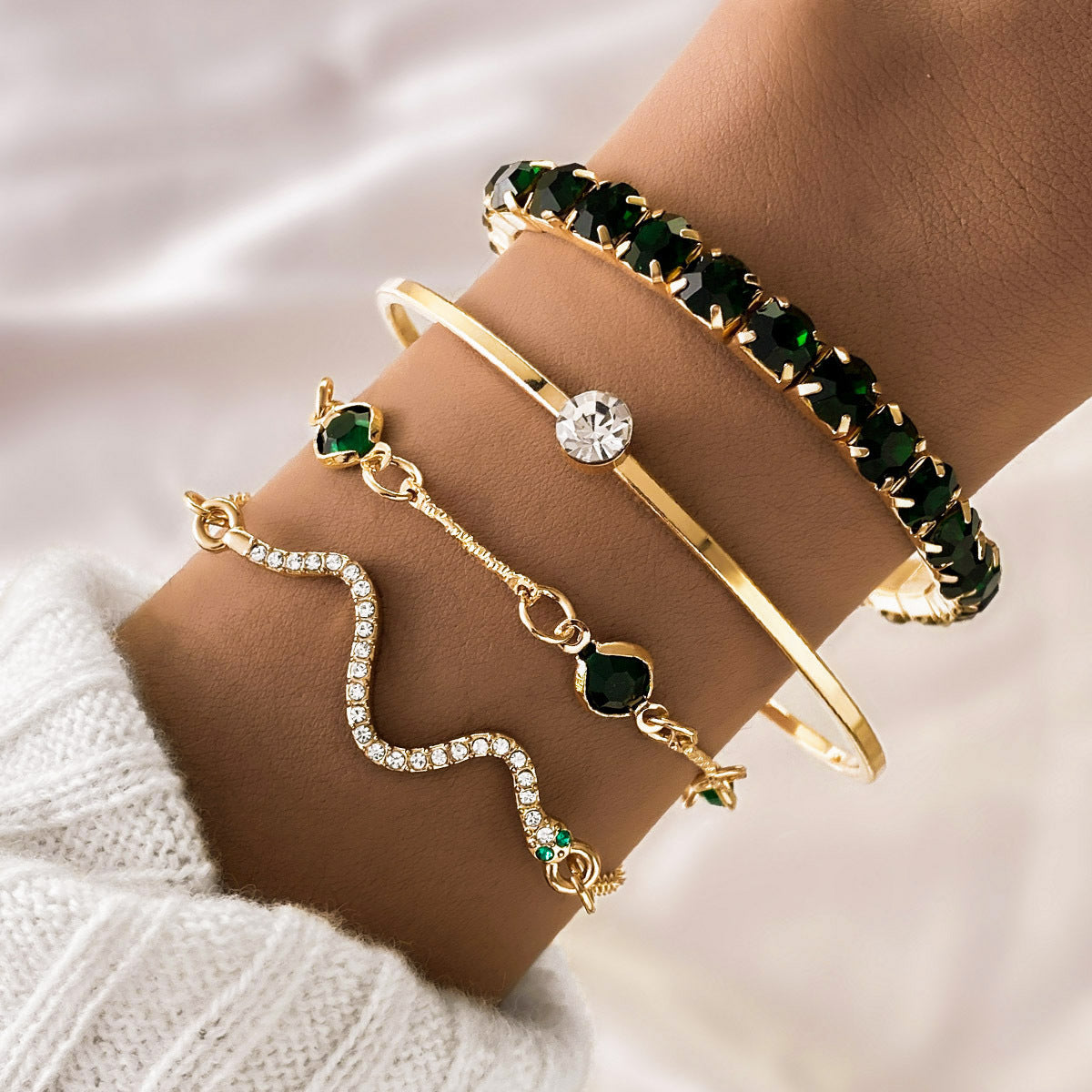 Fashion Green Grandmother Diamond Stretch Bracelet Women’s 4-piece Set - Fashion Green Grandmother Diamond Stretch