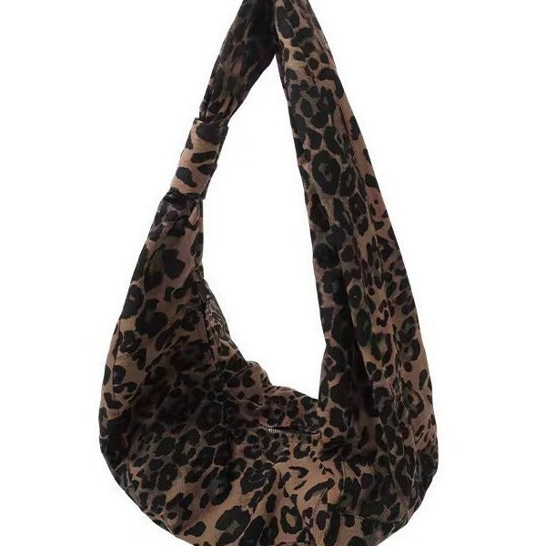 Fashion Pleated Leopard Print Crossbody Bag with Canvas Dumpling Design - fashion pleated leopard print crossbody