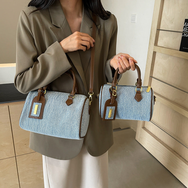 Fashion Retro Denim Handbag with Multiple Pockets and Internal Zippers - simple fashion retro denim handbag