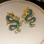 Fashion Retro Chinese Zodiac Dragon Earrings for Women in Silver and Green - Dragons Your Ears: Studs! united states