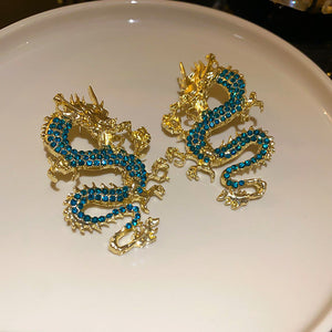 Fashion Retro Chinese Zodiac Dragon Earrings for Women in Silver and Green - Dragons Your Ears: Studs! united states