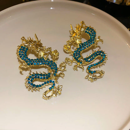 Fashion Retro Chinese Zodiac Dragon Earrings for Women in Silver and Green - Dragons Your Ears: Studs! united states