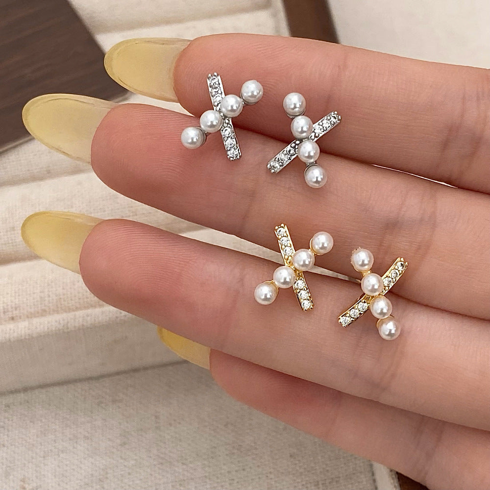 Fashion Small And Sweet Micro-inlaid Bead Cross Stud Earrings - Cross Stud Earrings That Rice Up Your Style Game