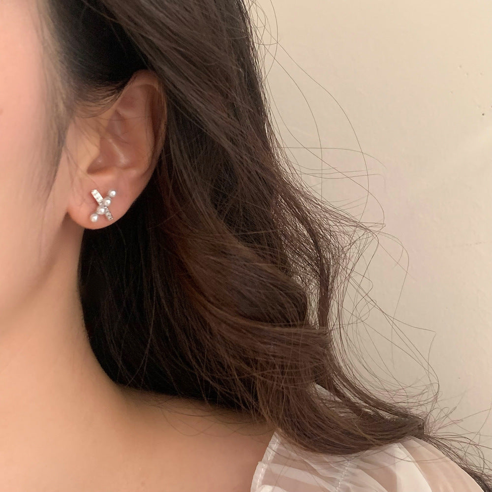 Electroplated Gold Cross Stud Earrings in 925 Silver with Rice Beads - That Up Your Style Game cross stud earrings