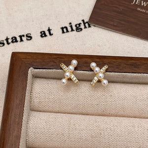 Electroplated Gold Cross Stud Earrings in 925 Silver with Rice Beads - That Up Your Style Game cross stud earrings