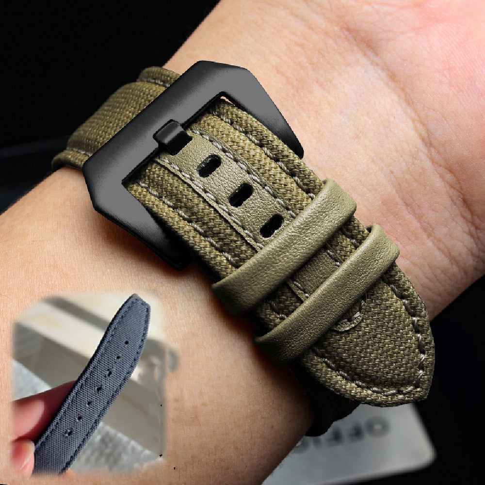 Fashionable Nylon Canvas Leather Watch Strap with Silver and Black Buttons - in Military Green fashionable nylon canvas