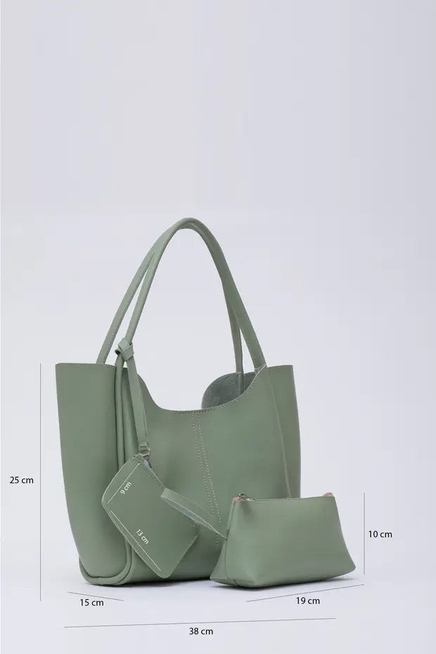 Mint green SHK108 faux leather women hand and shoulder bag with wallet and makeup bag