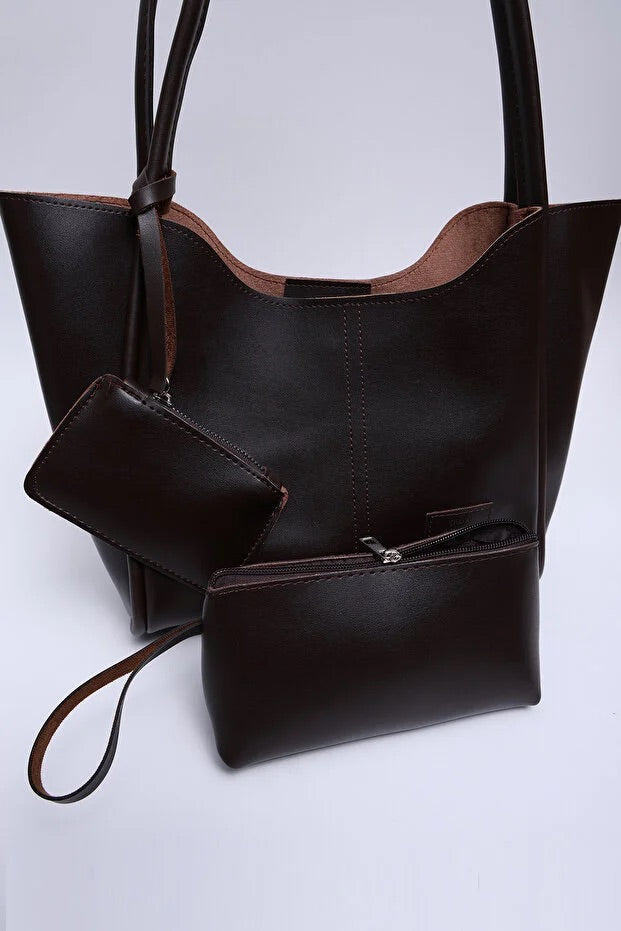 Brown SHK108 faux leather women hand and shoulder bag with wallet and makeup bag