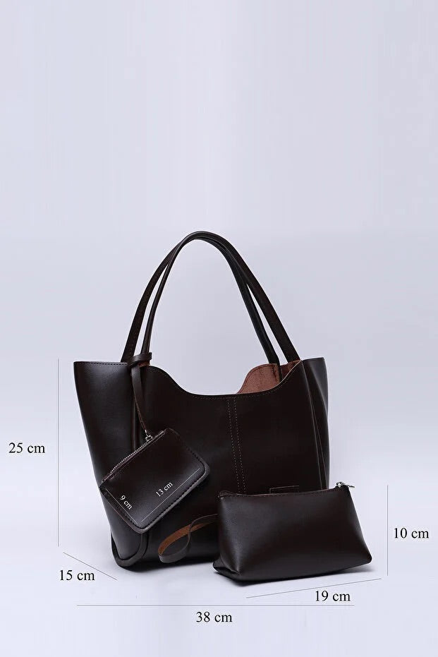 Brown SHK108 faux leather women hand and shoulder bag with wallet and makeup bag