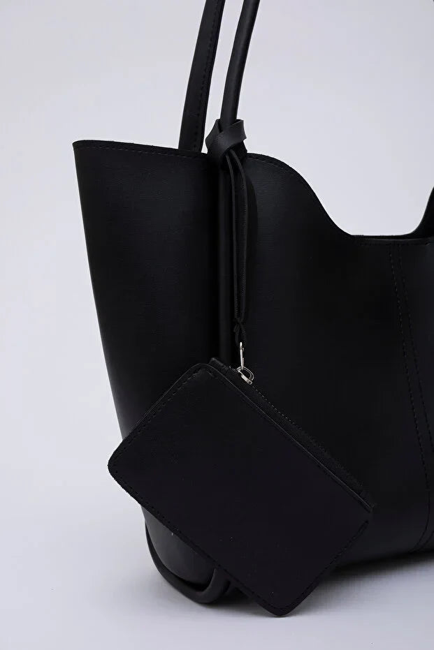 Black SHK108 snap closure faux leather women hand and shoulder bag with detachable wallet and makeup bag spacious daily