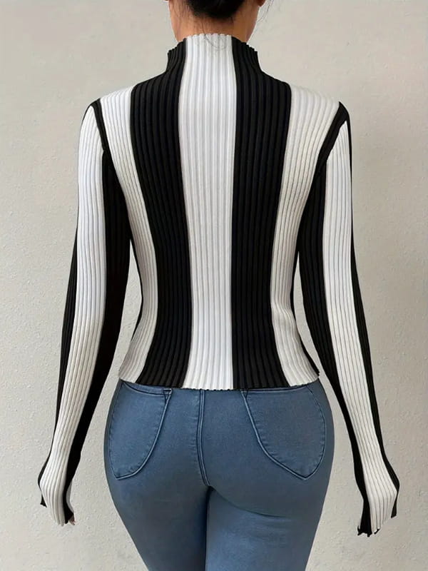 Kontrastfärgpläd Pullover Löst fit tröja svart khaki kärnspunnet garn