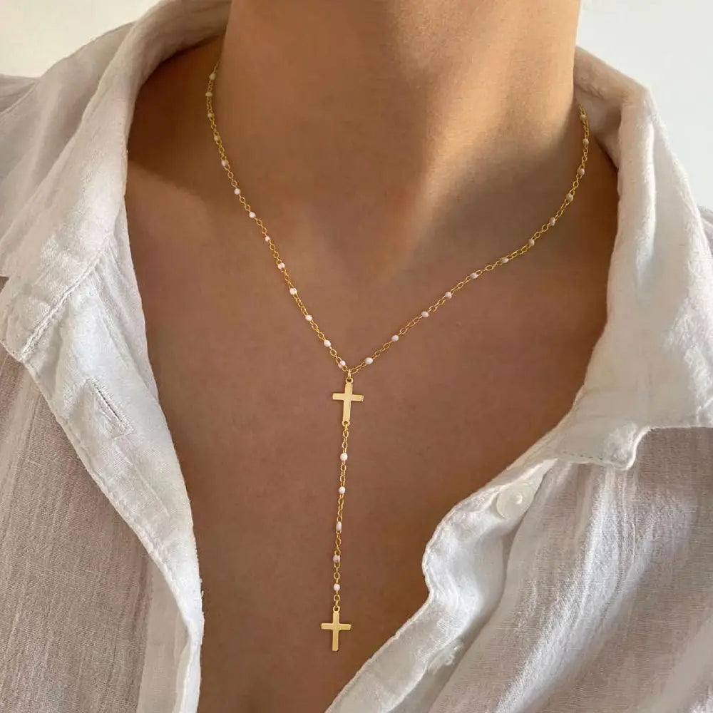 Fashion Cross Necklace Exquisite Y-shaped Bead Necklace