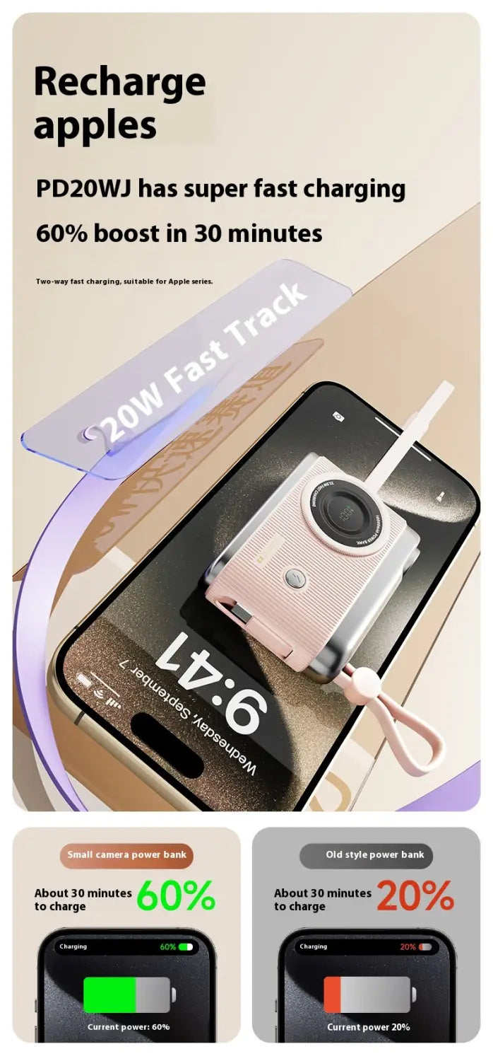 Large Capacity Mobile Power Supply with Cable Fast Charge in Beige Pink Brown