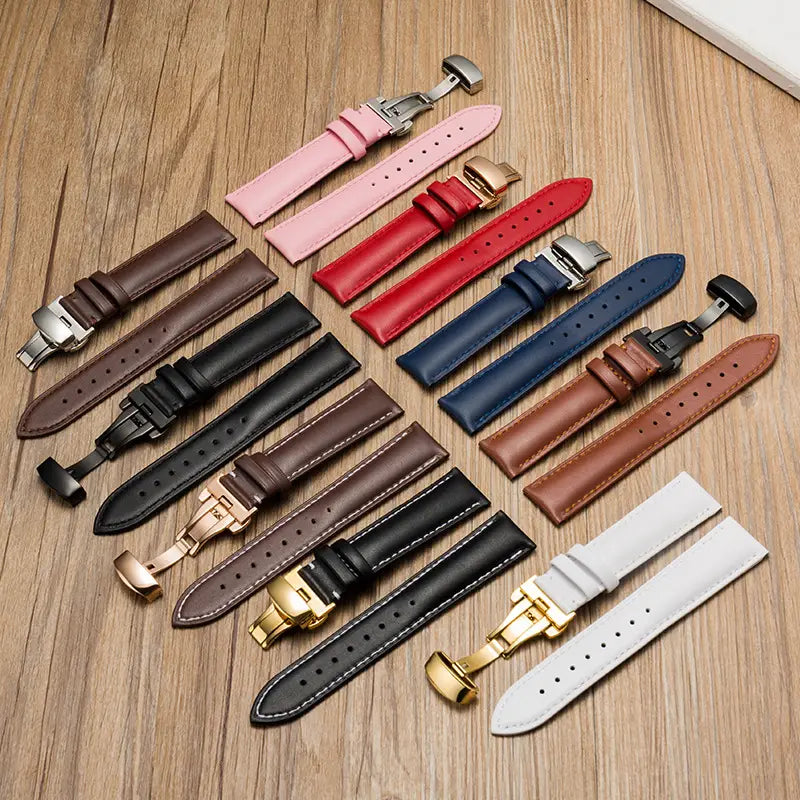 Unisex Double-sided Head Layer Cowhide Buckle Type Leather Watch Strap Bow Buckle Premium Needle Pattern