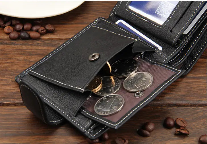 Leather Wallet Two Fold with Zipper Buckle in Black or Brown for United States and CHF Buyers